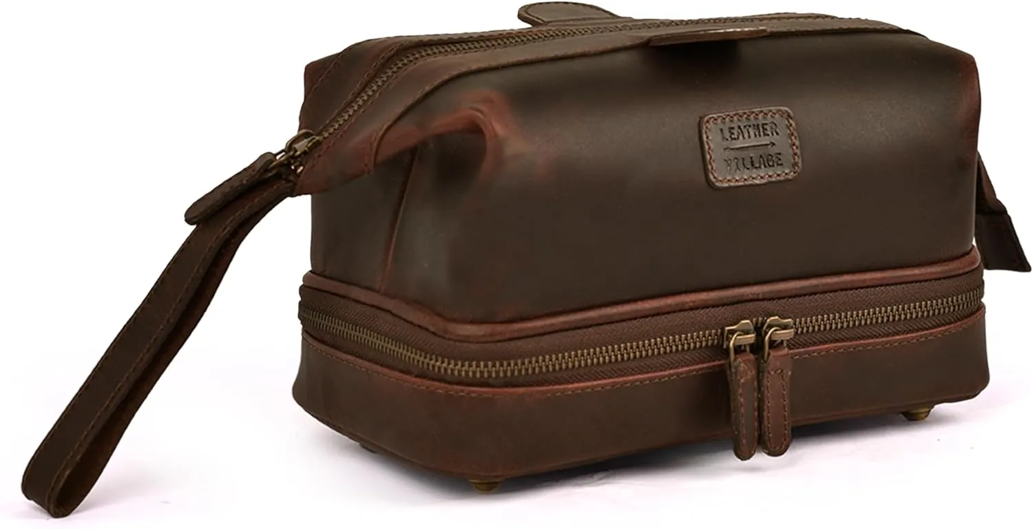 LEATHER VILLAGE Genuine Leather Dopp Kit – Large Travel Toiletry Bag with Waterproof Lining, Dual-Zip Design for Men & Women, Organizer for Shaving, Makeup & Essentials - Cherry
