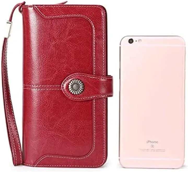 Leather Wallet Leather Women's Wallet Long Large Capacity Buckle Purse Clutch Girls Zipper Fashion Elegant Coin Pocket Memorial Day Gift Large Capacity (Red,20x10cm)