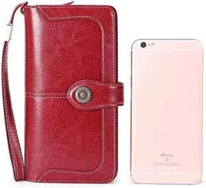Leather Wallet Leather Women's Wallet Long Large Capacity Buckle Purse Clutch Girls Zipper Fashion Elegant Coin Pocket Memorial Day Gift Large Capacity (Red,20x10cm)