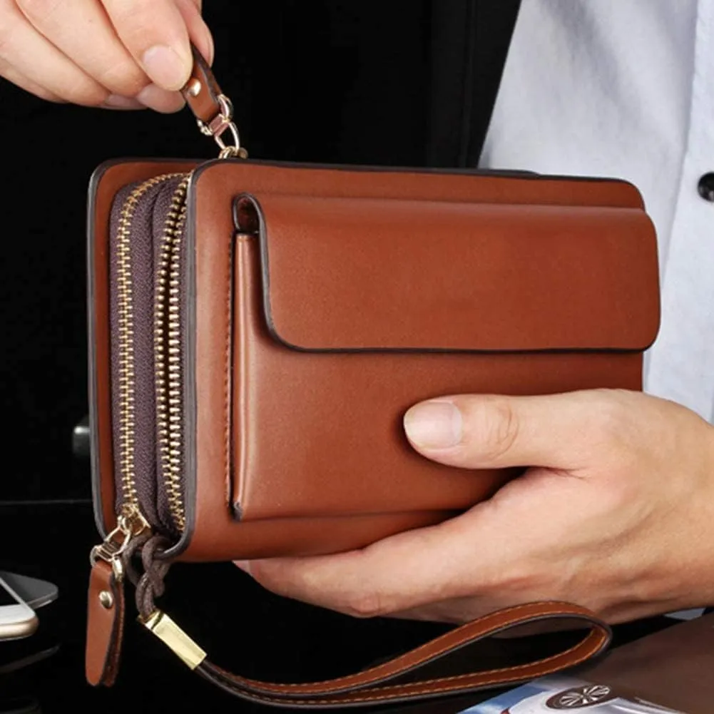 Leather Wallet Pu Leather Wallet Fashion Large Capacity Long Purse Clutch for Men and Women Retro Business Casual Coin Pocket Large Capacity (Black,12x20.5cm)