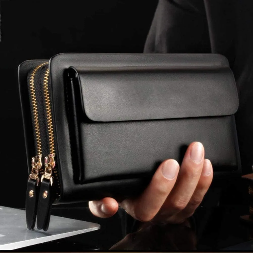 Leather Wallet Pu Leather Wallet Fashion Large Capacity Long Purse Clutch for Men and Women Retro Business Casual Coin Pocket Large Capacity (Black,12x20.5cm)