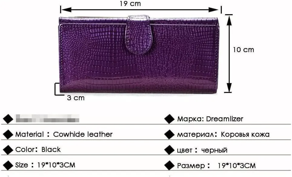 Leather Wallet Pu Leather Women's Wallet Retro Crocodile Tri-fold Purse Clutch Ladies Long Zipper Large Capacity Coin Pocket Large Capacity (Black,10x19cm)