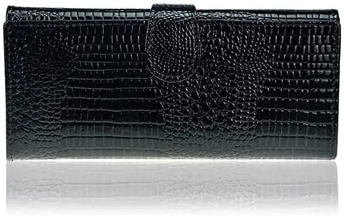 Leather Wallet Pu Leather Women's Wallet Retro Crocodile Tri-fold Purse Clutch Ladies Long Zipper Large Capacity Coin Pocket Large Capacity (Black,10x19cm)