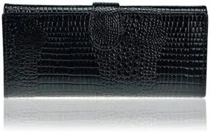Leather Wallet Pu Leather Women's Wallet Retro Crocodile Tri-fold Purse Clutch Ladies Long Zipper Large Capacity Coin Pocket Large Capacity (Black,10x19cm)