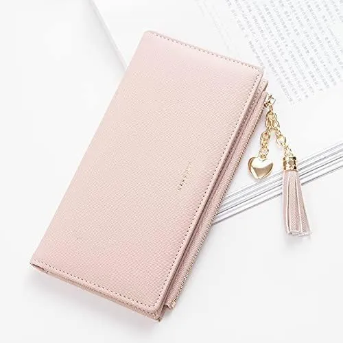 Leather Wallet Women's Pu Leather Wallet Long Large Capacity Zipper Purse Clutch for Ladies Girls Fashion Tassel Coin Holder Large Capacity (Bu,10x19cm)