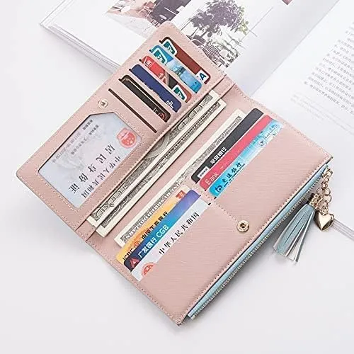 Leather Wallet Women's Pu Leather Wallet Long Large Capacity Zipper Purse Clutch for Ladies Girls Fashion Tassel Coin Holder Large Capacity (Bu,10x19cm)