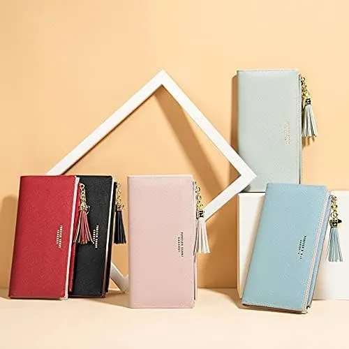 Leather Wallet Women's Pu Leather Wallet Long Large Capacity Zipper Purse Clutch for Ladies Girls Fashion Tassel Coin Holder Large Capacity (Bu,10x19cm)
