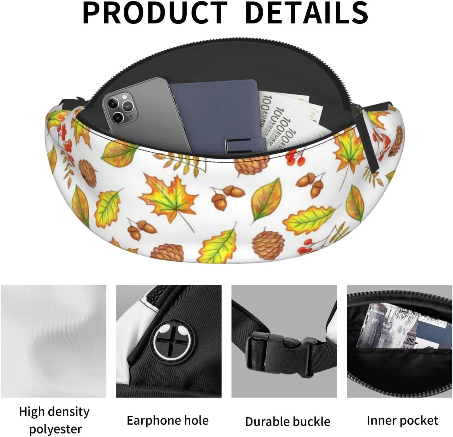 Leisure Sports Crossbody Bag Running Casual Hands-Free Wallets Waist Pack for Man Woman Father's Day for Dad Pine Nut Leaves