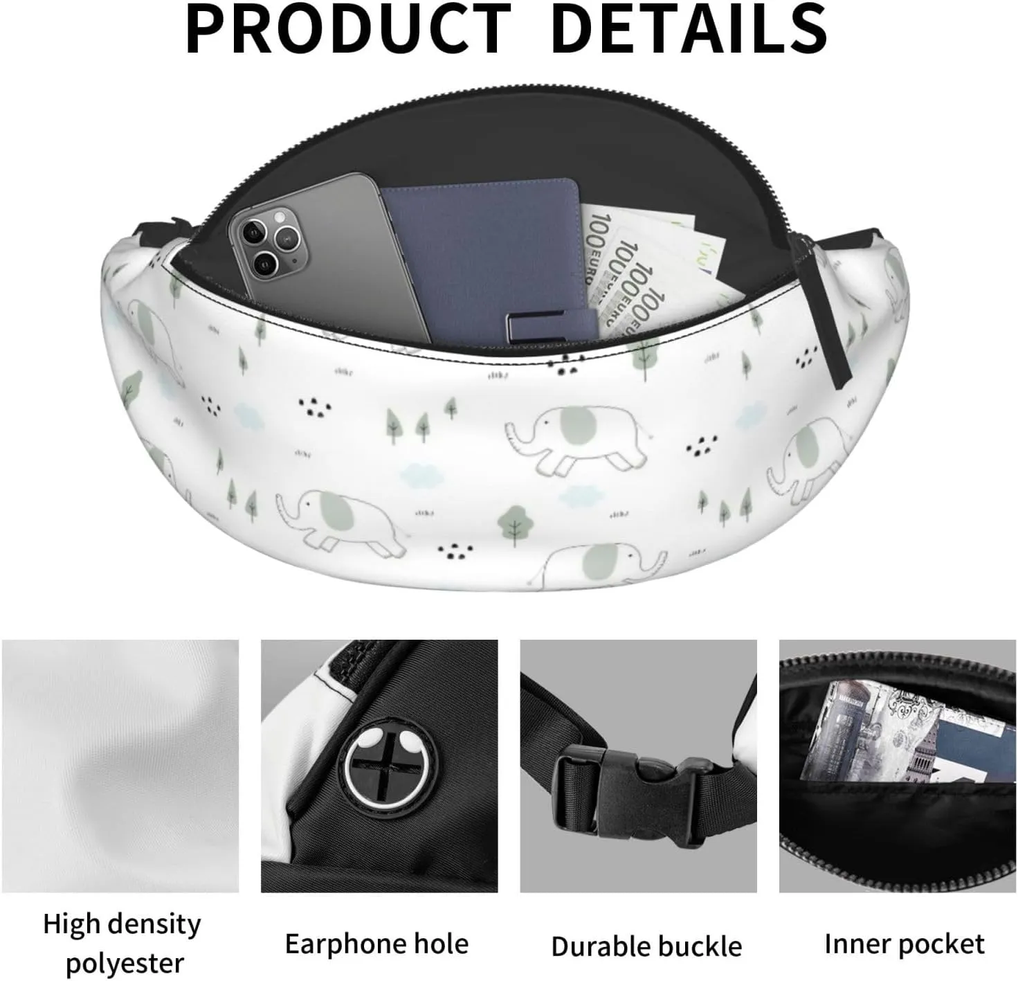 Leisure Sports Crossbody Bag Running Casual Hands-Free Wallets Waist Pack for Man Woman Father's Day for Dad Running Elephant