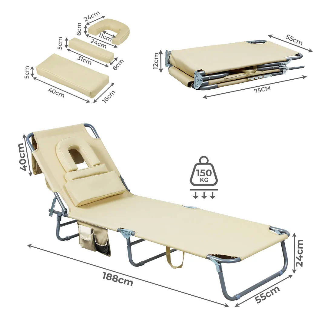 Levede Foldable Beach Lounge Chairs with Face Hole Khaki-SA_Metro