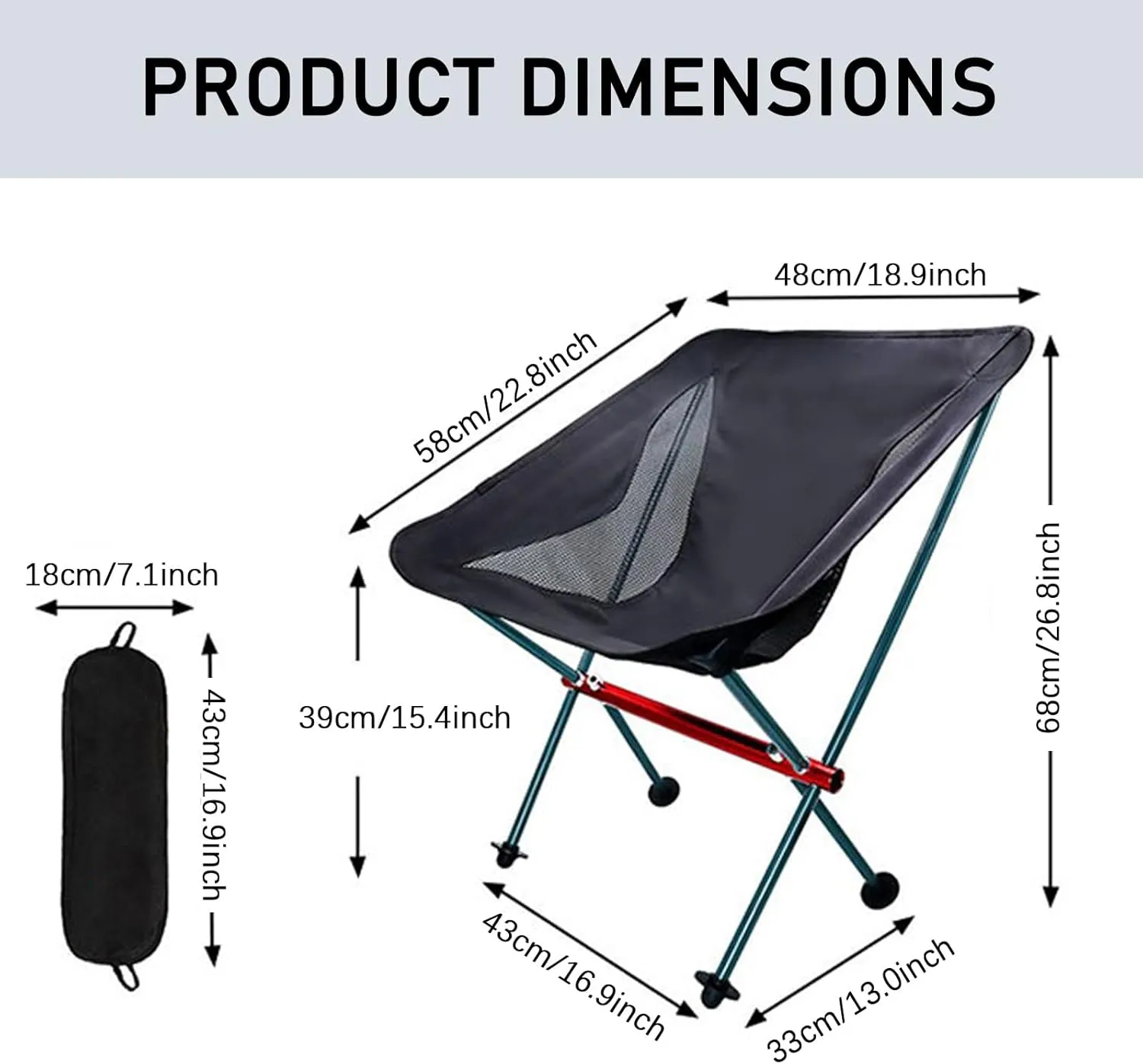Lightweight Folding Camping Chair, Outdoor Portable Backpacking Chair for Adults, Aluminum Compact Foldable Beach Chairs for Hiking, Fishing, Picnic, Supports 330Lbs,Black (Black One Size)