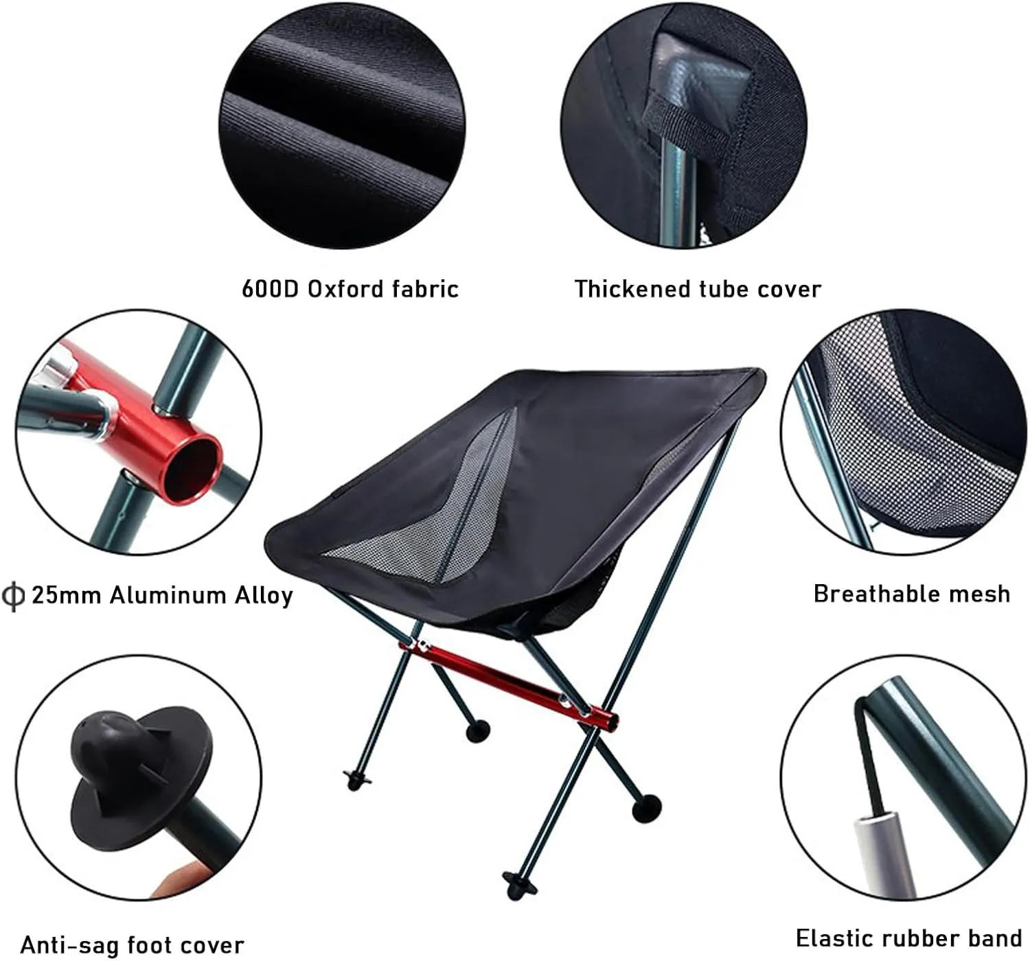 Lightweight Folding Camping Chair, Outdoor Portable Backpacking Chair for Adults, Aluminum Compact Foldable Beach Chairs for Hiking, Fishing, Picnic, Supports 330Lbs,Black (Black One Size)
