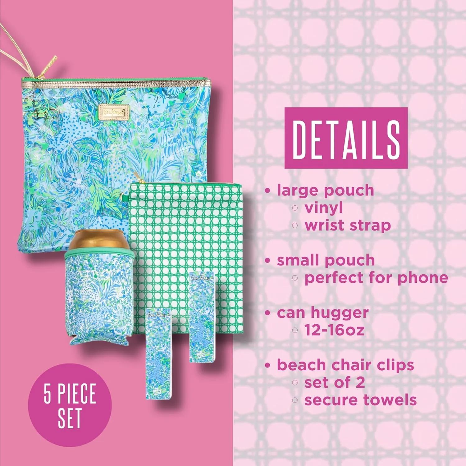 Lilly Pulitzer Water Resistant Vinyl Beach Day Pouch, Zipper Bag Includes Drink Hugger, Small Pouch, and Towel Clips