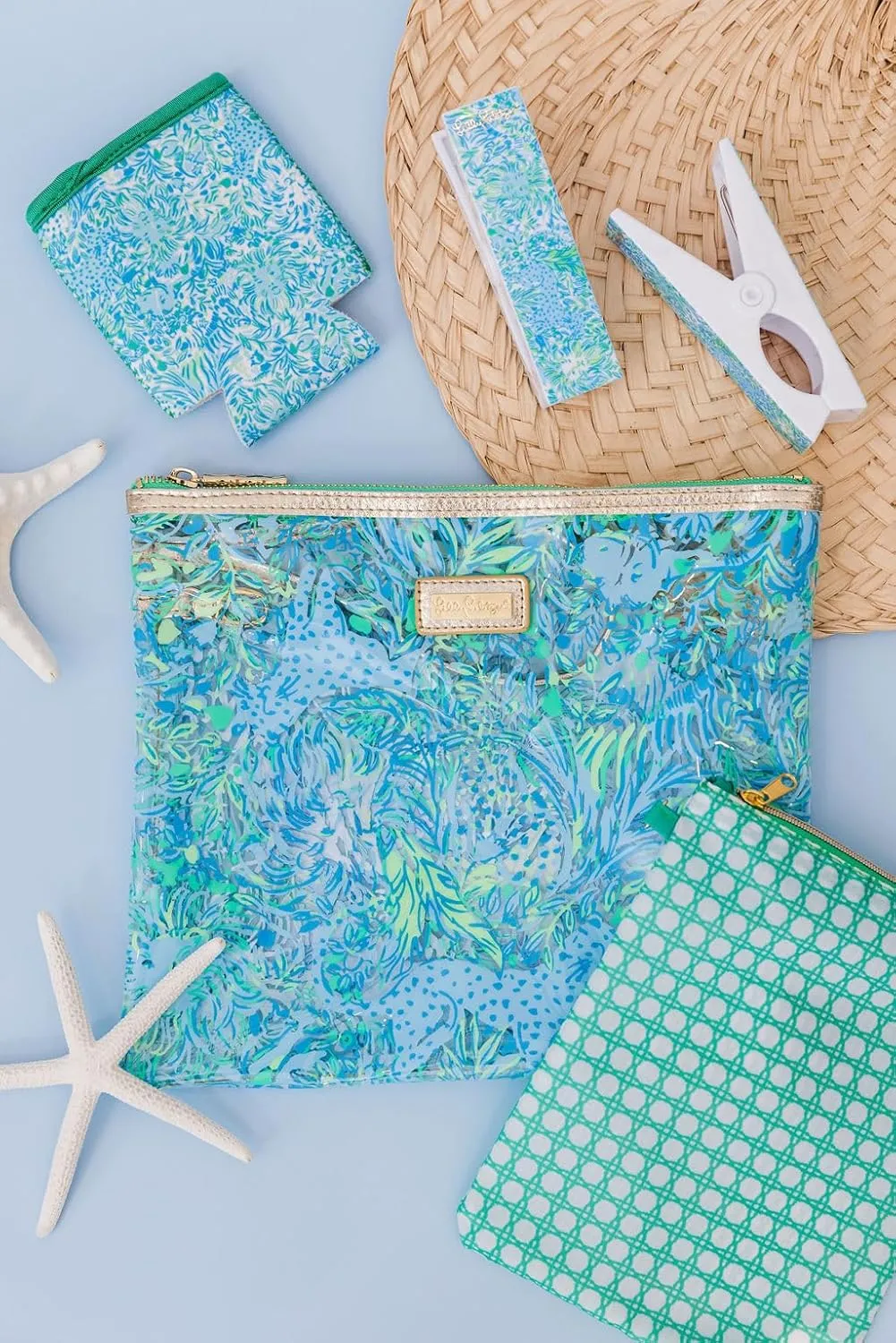 Lilly Pulitzer Water Resistant Vinyl Beach Day Pouch, Zipper Bag Includes Drink Hugger, Small Pouch, and Towel Clips