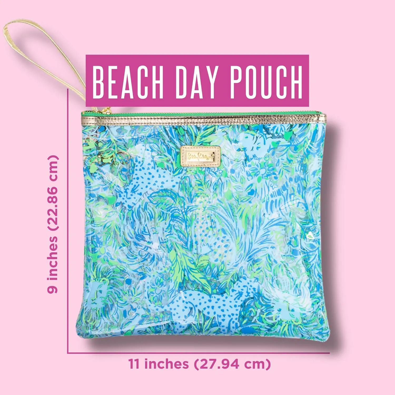 Lilly Pulitzer Water Resistant Vinyl Beach Day Pouch, Zipper Bag Includes Drink Hugger, Small Pouch, and Towel Clips