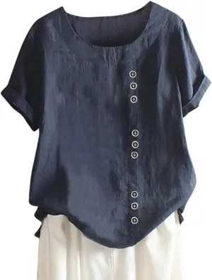 Linen Cotton Womens Short Sleeve Shirts Big Drop Collar Loose Draw Pleated Two Tops Women'S Swimwear Cover Ups