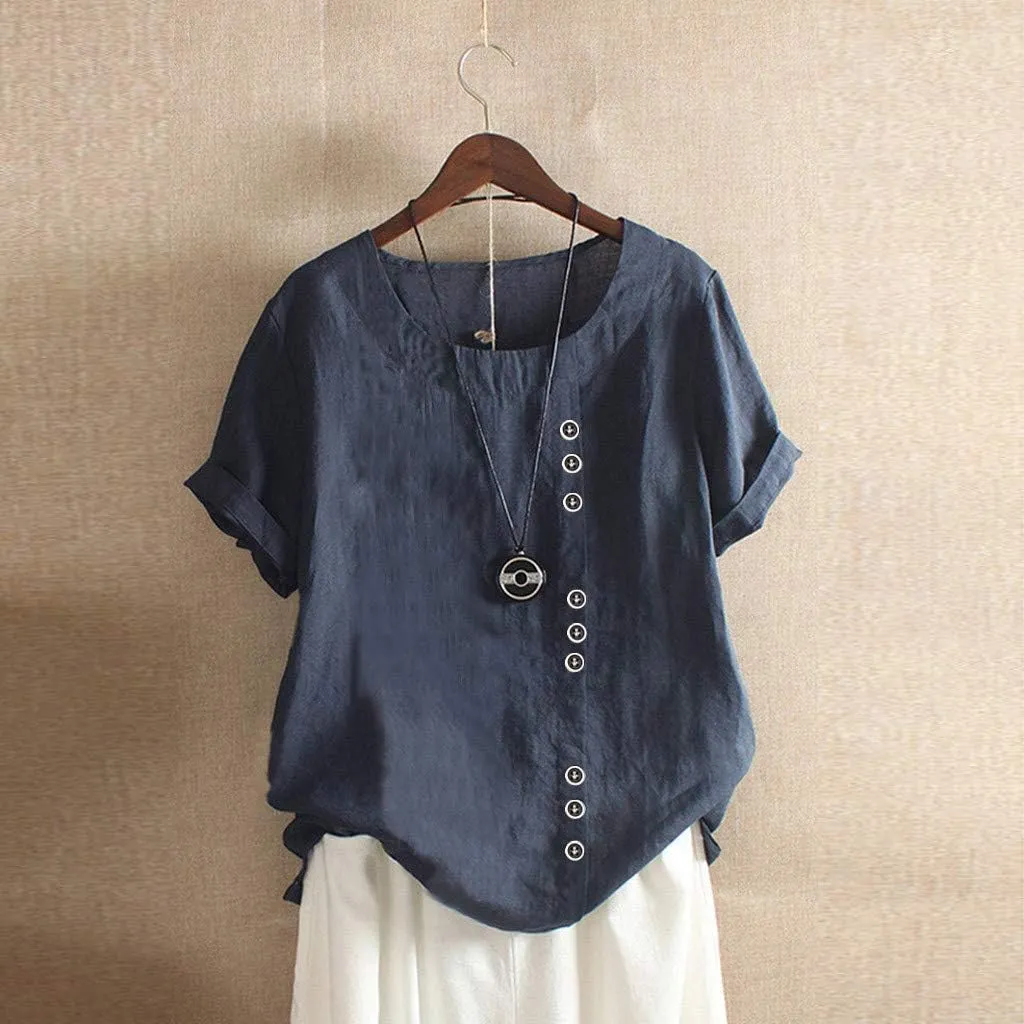 Linen Cotton Womens Short Sleeve Shirts Big Drop Collar Loose Draw Pleated Two Tops Women'S Swimwear Cover Ups