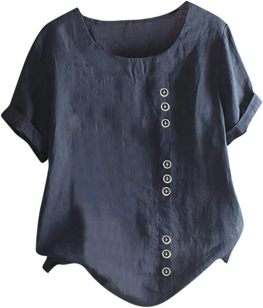 Linen Cotton Womens Short Sleeve Shirts Big Drop Collar Loose Draw Pleated Two Tops Women'S Swimwear Cover Ups