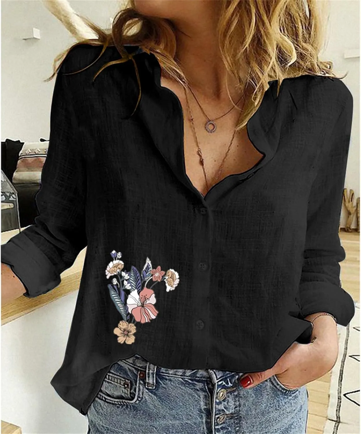 Linen Shirts for Women V Neck Casual Long Sleeve Loose Shirt Tops Trendy Tops for Women 2024 Linen Shirts for Women
