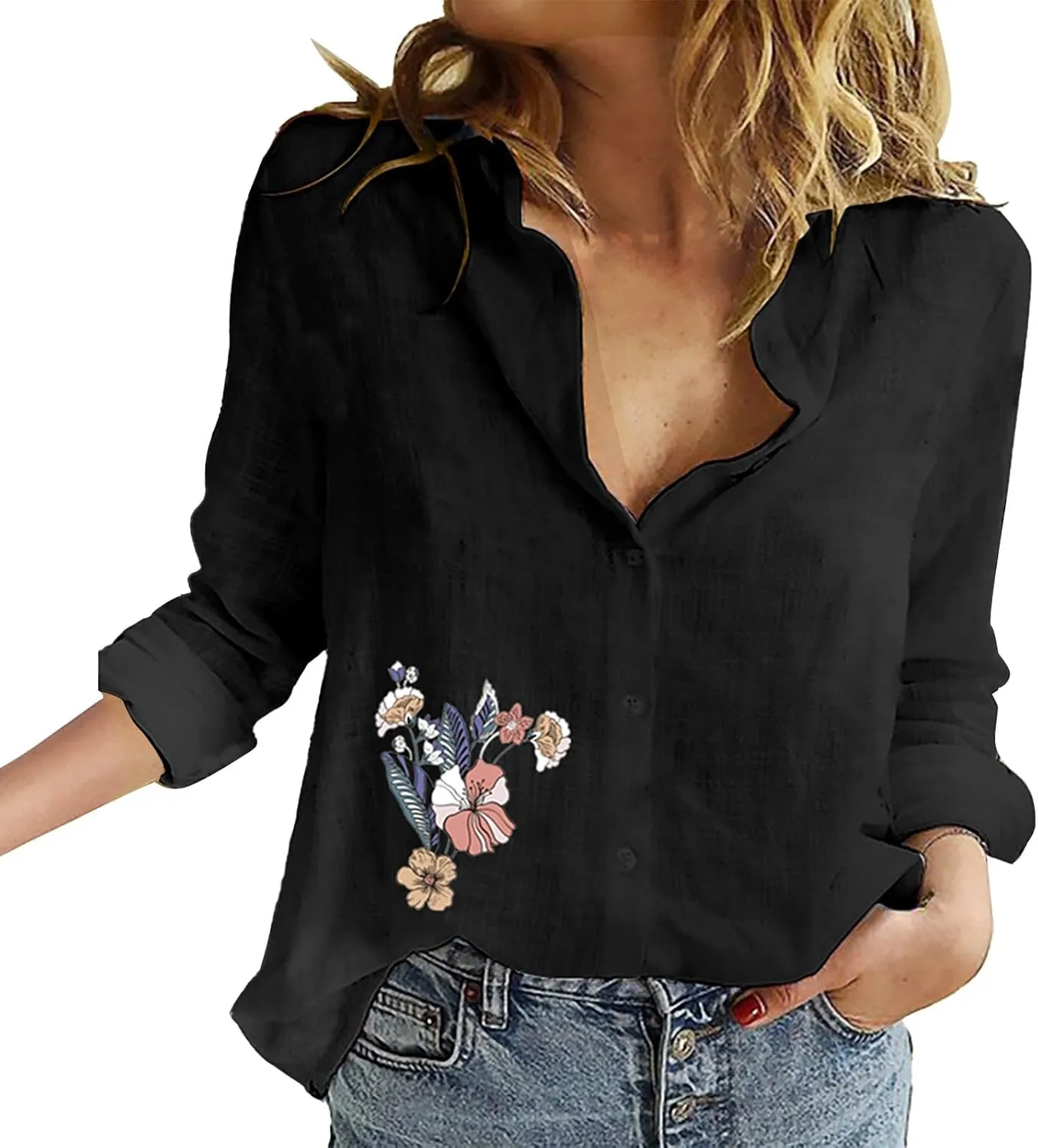 Linen Shirts for Women V Neck Casual Long Sleeve Loose Shirt Tops Trendy Tops for Women 2024 Linen Shirts for Women