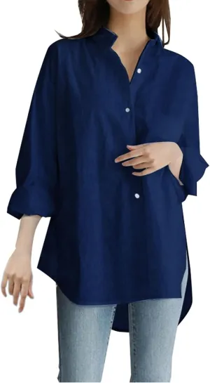 Linen Tops for Women Casual Loose Solid Color Long Sleeve Stand Collar Shirt Cover Ups for Swimwear Women Blue Linen