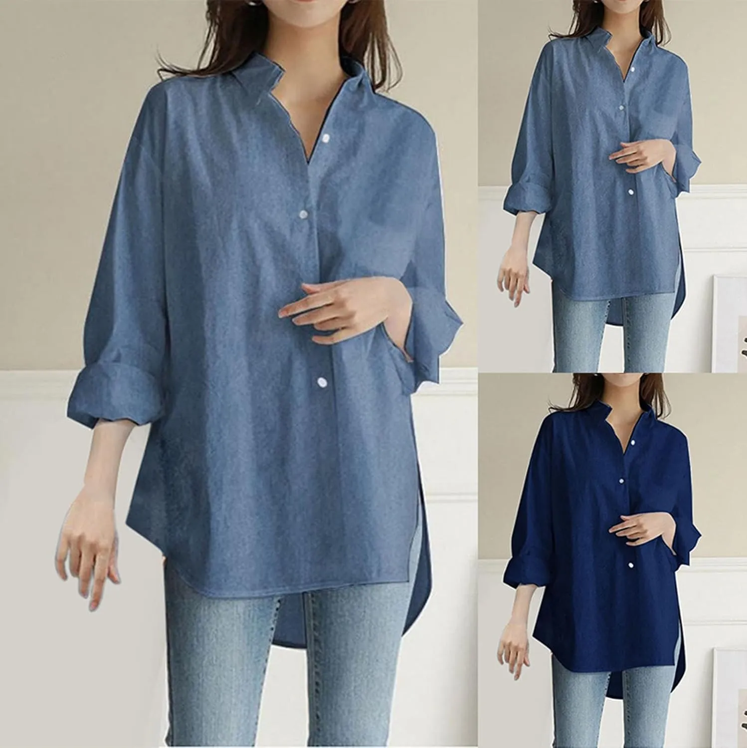 Linen Tops for Women Casual Loose Solid Color Long Sleeve Stand Collar Shirt Cover Ups for Swimwear Women Blue Linen