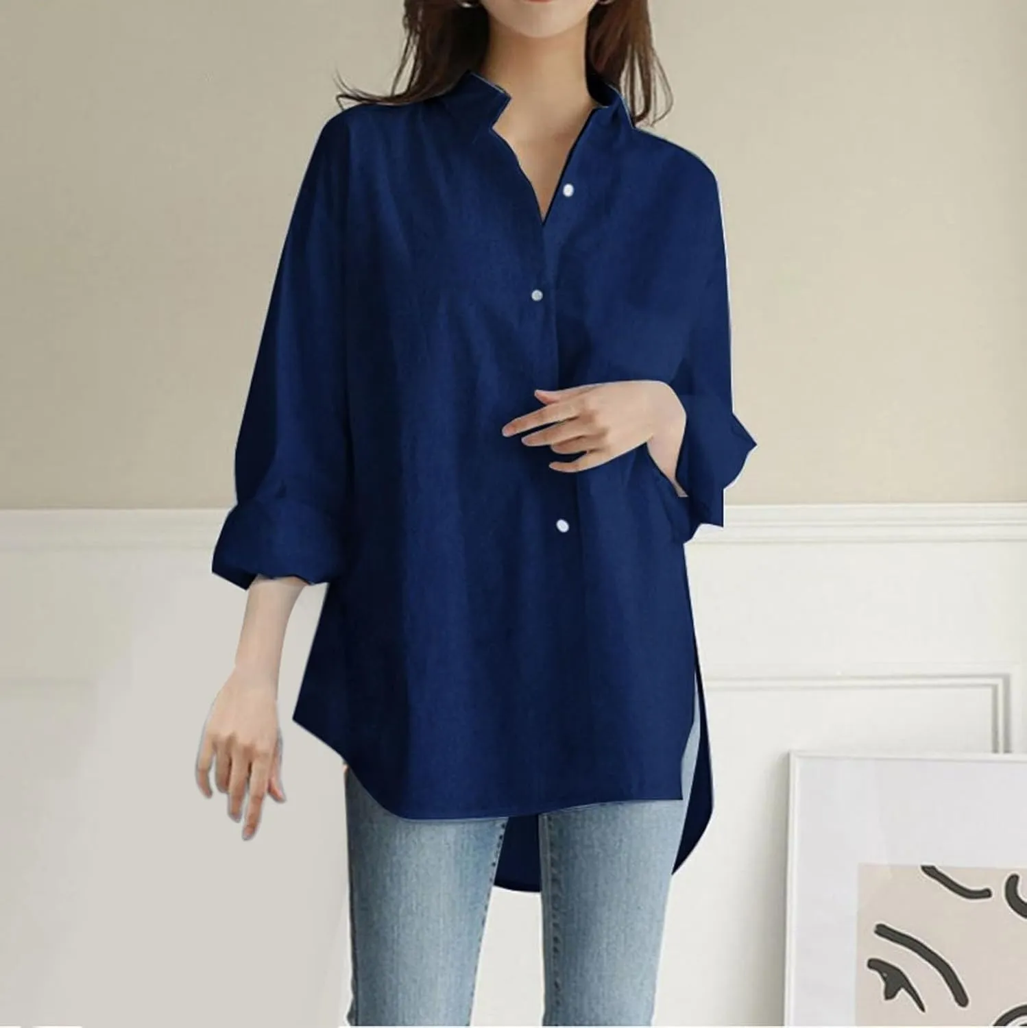 Linen Tops for Women Casual Loose Solid Color Long Sleeve Stand Collar Shirt Cover Ups for Swimwear Women Blue Linen
