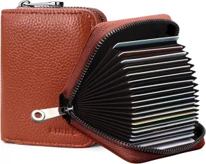 Linno RFID 20 Slots Credit Card Holder Genuine Leather Small Wallet for Women or Men with Zipper
