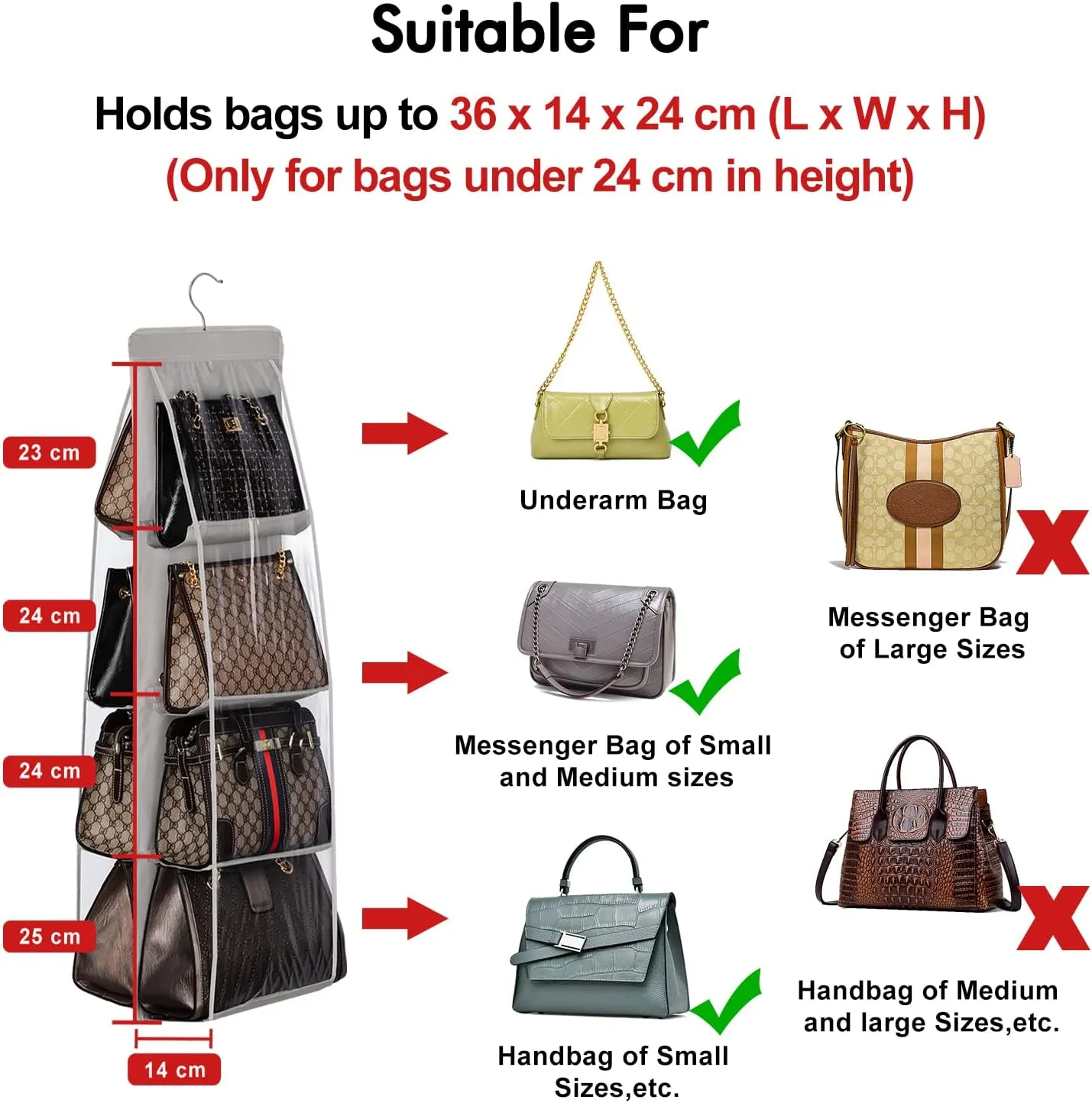 Lirex 2-Pack Handbag Hanging Purse Organizer for Closet, 8 Pocket Handbag Storage Organizer Hanger Oxford Cloth Closet Organizer for Family Closet Bedroom, Foldable and Universal Fit, Dark Grey