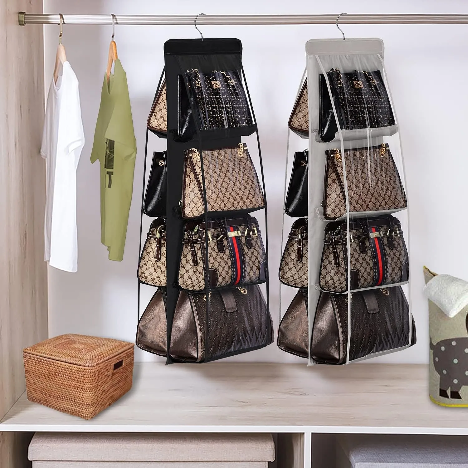 Lirex 2-Pack Handbag Hanging Purse Organizer for Closet, 8 Pocket Handbag Storage Organizer Hanger Oxford Cloth Closet Organizer for Family Closet Bedroom, Foldable and Universal Fit, Dark Grey