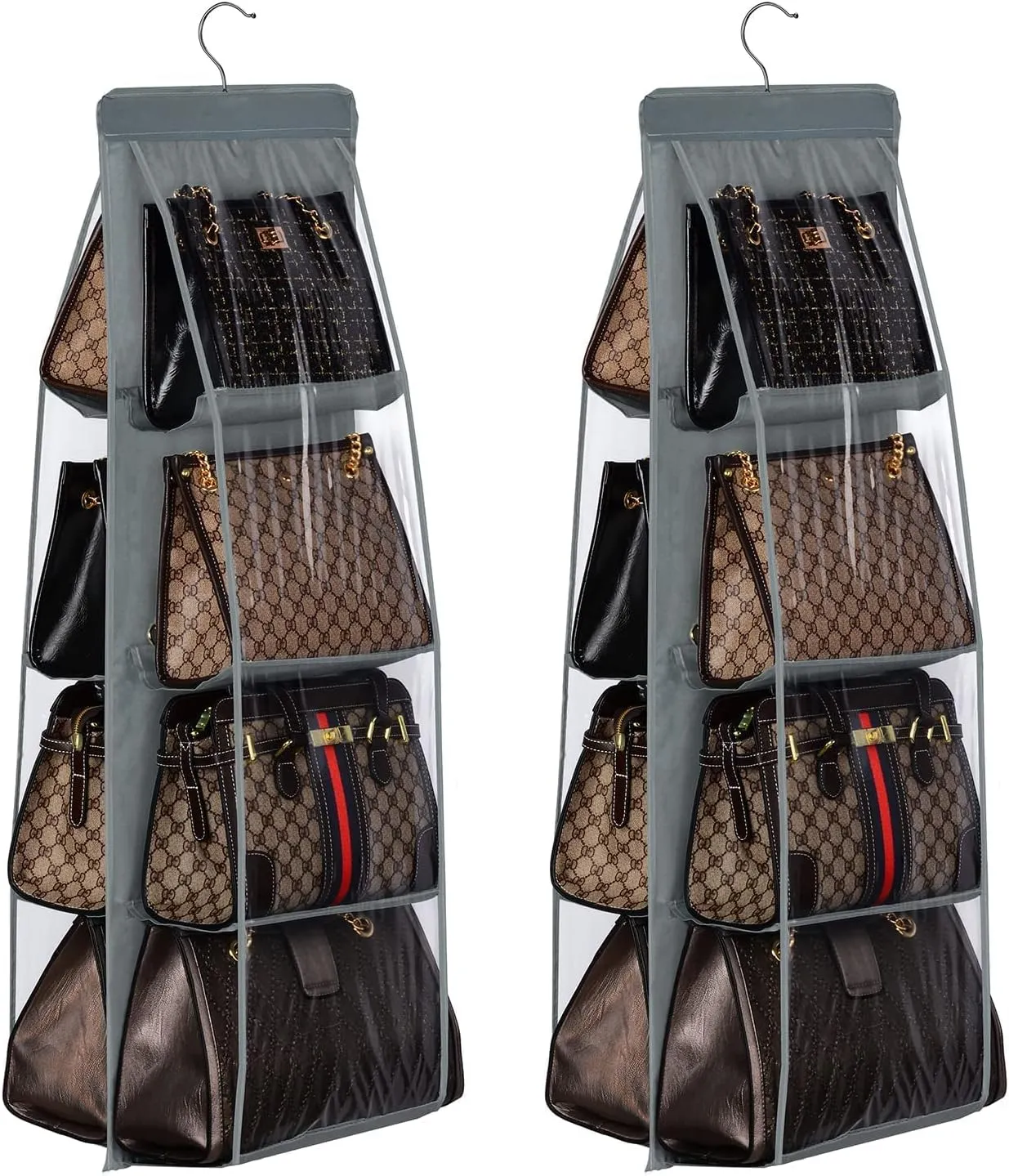 Lirex 2-Pack Handbag Hanging Purse Organizer for Closet, 8 Pocket Handbag Storage Organizer Hanger Oxford Cloth Closet Organizer for Family Closet Bedroom, Foldable and Universal Fit, Dark Grey