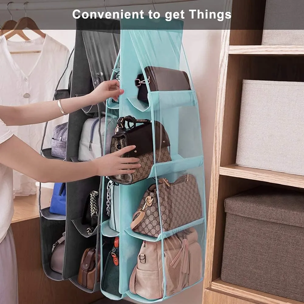Lirex 2-Pack Handbag Hanging Purse Organizer for Closet, 8 Pocket Handbag Storage Organizer Hanger Oxford Cloth Closet Organizer for Family Closet Bedroom, Foldable and Universal Fit, Dark Grey