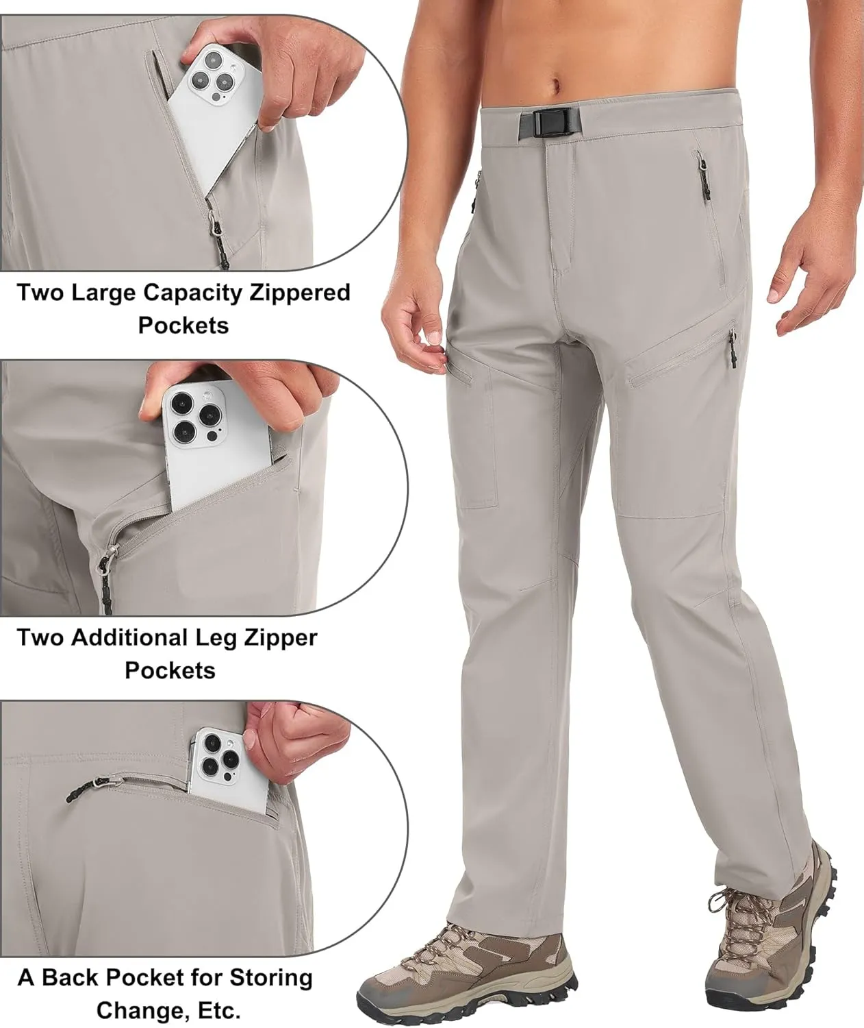 Little Donkey Andy Men's Lightweight Fishing Pants with Belt 5 Zip Pockets Waterproof Quick-Dry Travel Hiking Outdoor Pants