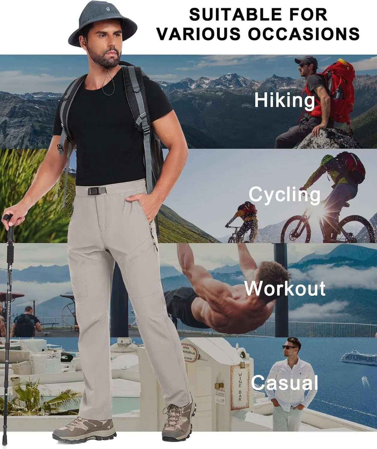 Little Donkey Andy Men's Lightweight Fishing Pants with Belt 5 Zip Pockets Waterproof Quick-Dry Travel Hiking Outdoor Pants