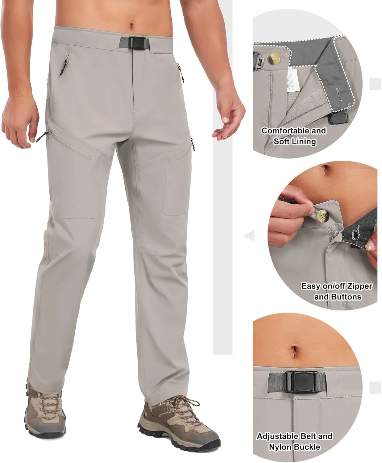 Little Donkey Andy Men's Lightweight Fishing Pants with Belt 5 Zip Pockets Waterproof Quick-Dry Travel Hiking Outdoor Pants