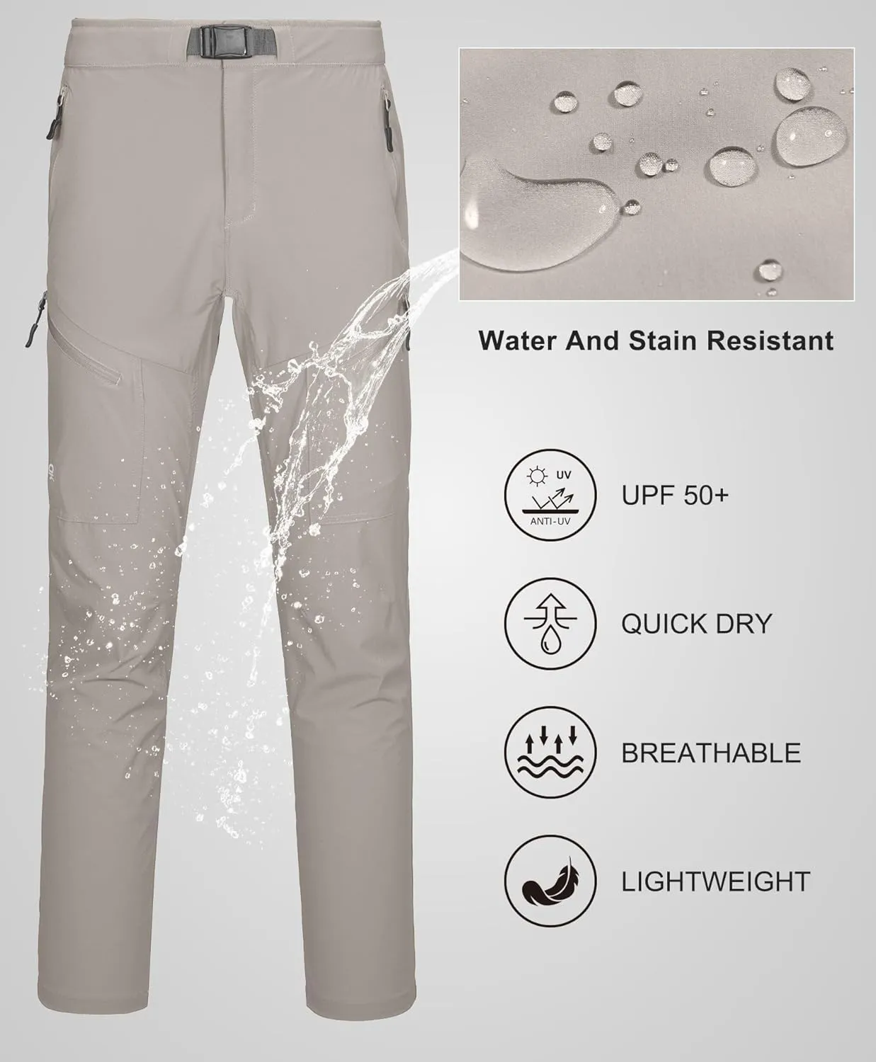 Little Donkey Andy Men's Lightweight Fishing Pants with Belt 5 Zip Pockets Waterproof Quick-Dry Travel Hiking Outdoor Pants