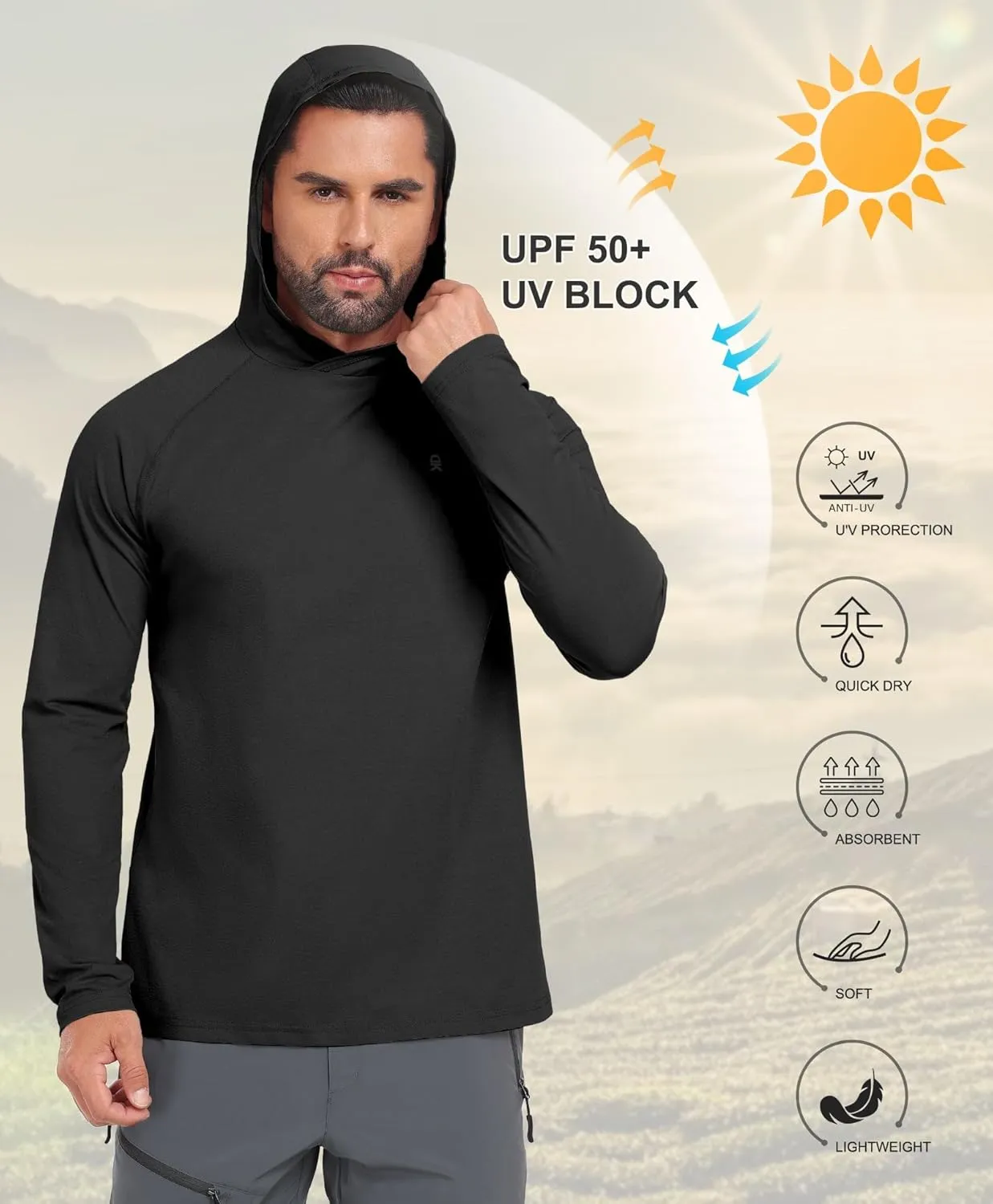 Little Donkey Andy Men's Quick Dry UPF Hoodie Shirt Long Sleeve Breathable UV Protection for Fishing Hiking