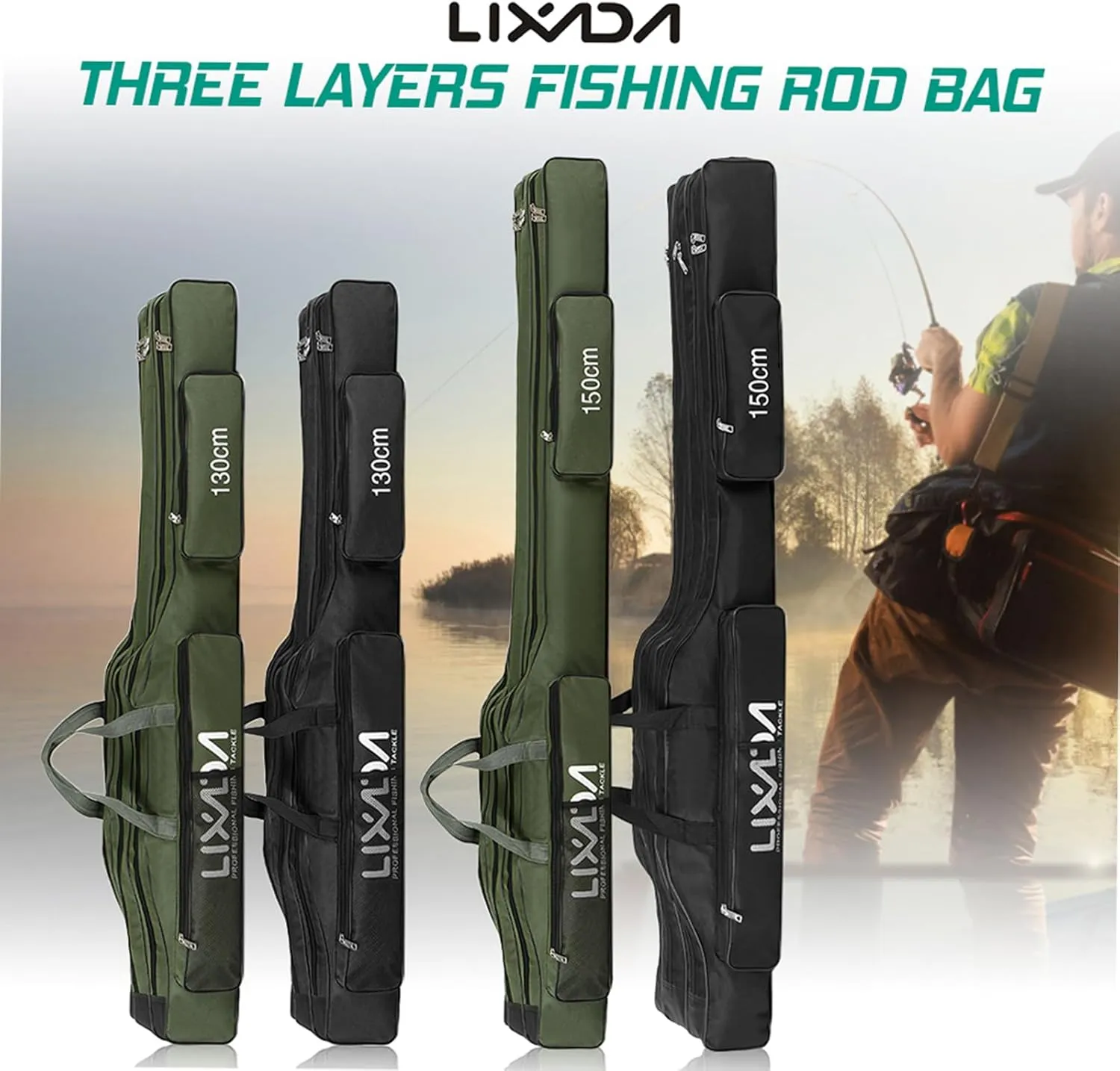 Lixada Fishing Rod Case, 3 Layers Oxford Fishing Rod Bag, Portable Foldable Fishing Pole Bag, Fishing Rod Carrier Fishing Tackle Storage Bag Travel Carry for Fishing Gear & Equipment