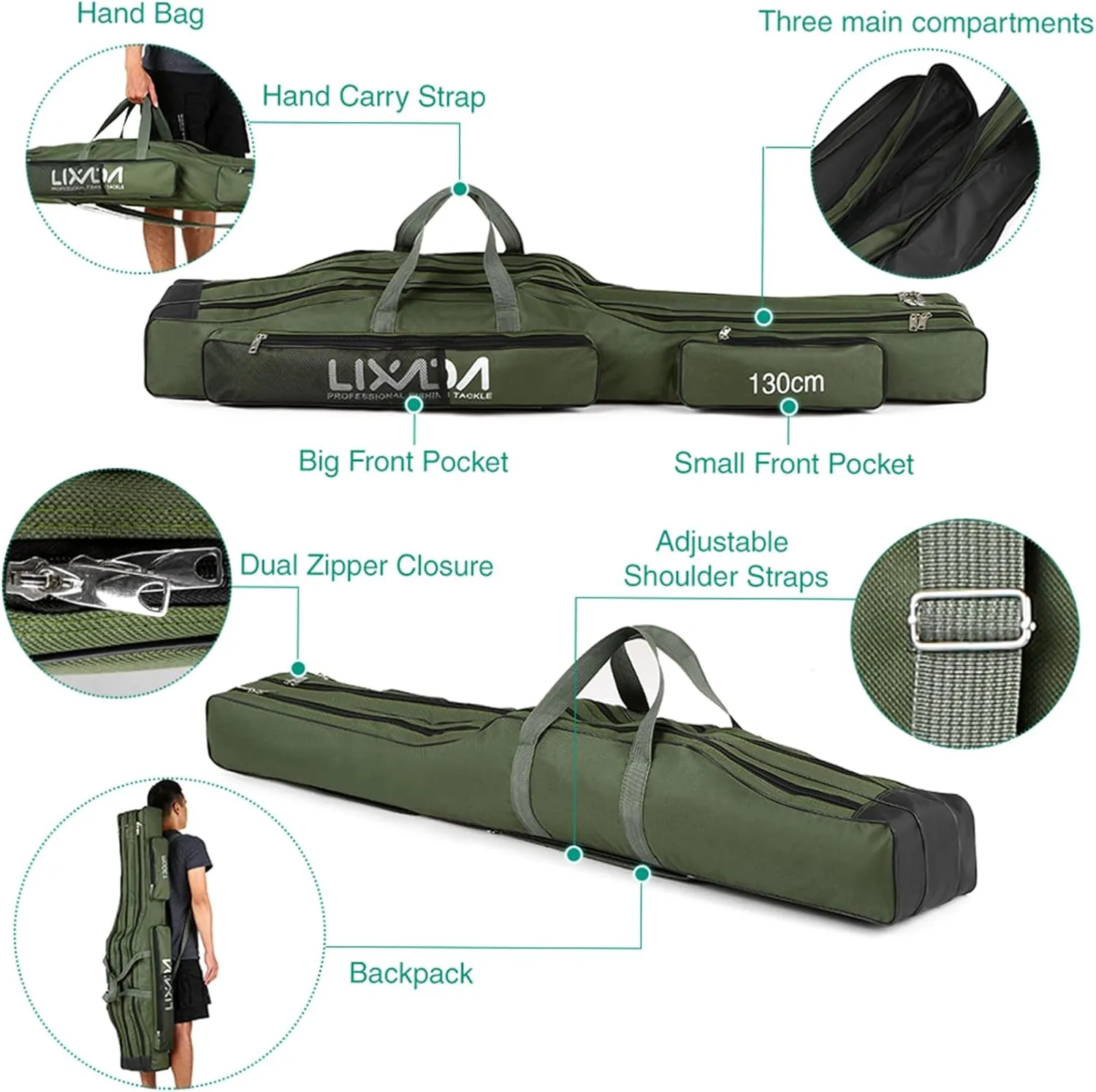Lixada Fishing Rod Case, 3 Layers Oxford Fishing Rod Bag, Portable Foldable Fishing Pole Bag, Fishing Rod Carrier Fishing Tackle Storage Bag Travel Carry for Fishing Gear & Equipment
