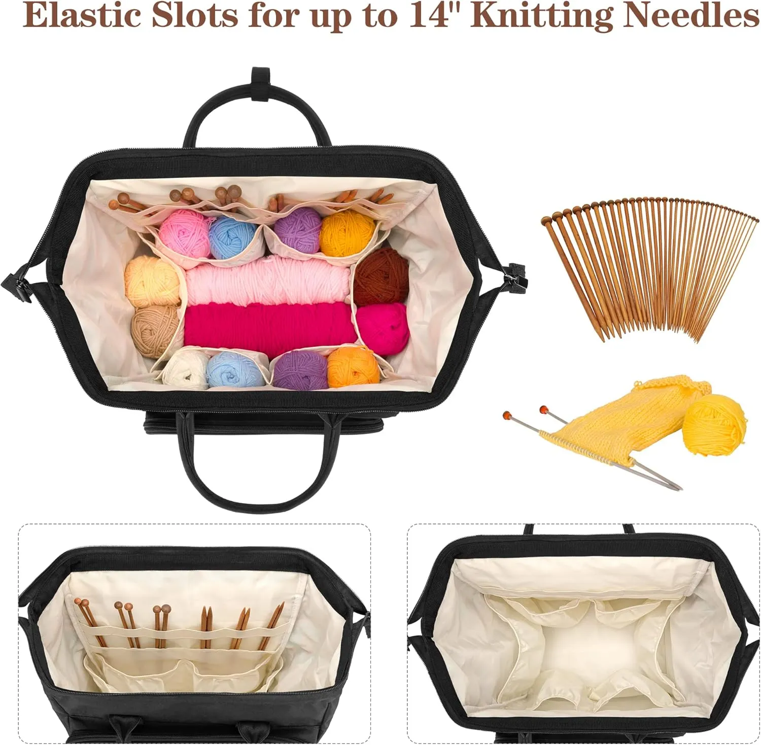 LoDrid Knitting Bag Backpack with Three Oversized Grommets, Travel Yarn Bag with Steel Frame Top, Crochet Organizer for Crochet Hooks, Knitting Needles, and Other Accessories, Black