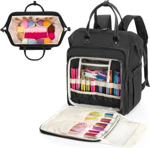 LoDrid Knitting Bag Backpack with Three Oversized Grommets, Travel Yarn Bag with Steel Frame Top, Crochet Organizer for Crochet Hooks, Knitting Needles, and Other Accessories, Black
