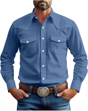 Long Sleeve Shirts for Men Cotton Button Down Vintage Classic Solid Color Casual Wear Business Casual with Chest Pocket