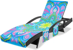 Lounge Chair Towel Cover, Chaise Lounge Cover, Beach Chair Covers with 3 Pockets for Trips Beach Pool Garden Sunbathing Courtyard, 85 x30 in, Mandala Style Green Blue