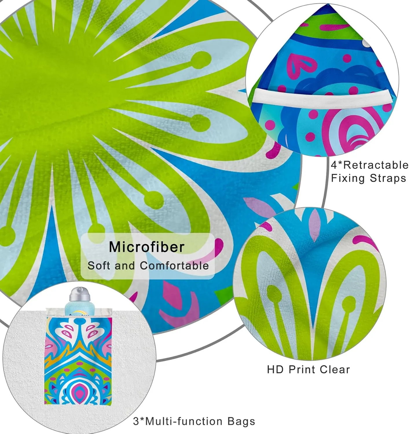 Lounge Chair Towel Cover, Chaise Lounge Cover, Beach Chair Covers with 3 Pockets for Trips Beach Pool Garden Sunbathing Courtyard, 85 x30 in, Mandala Style Green Blue