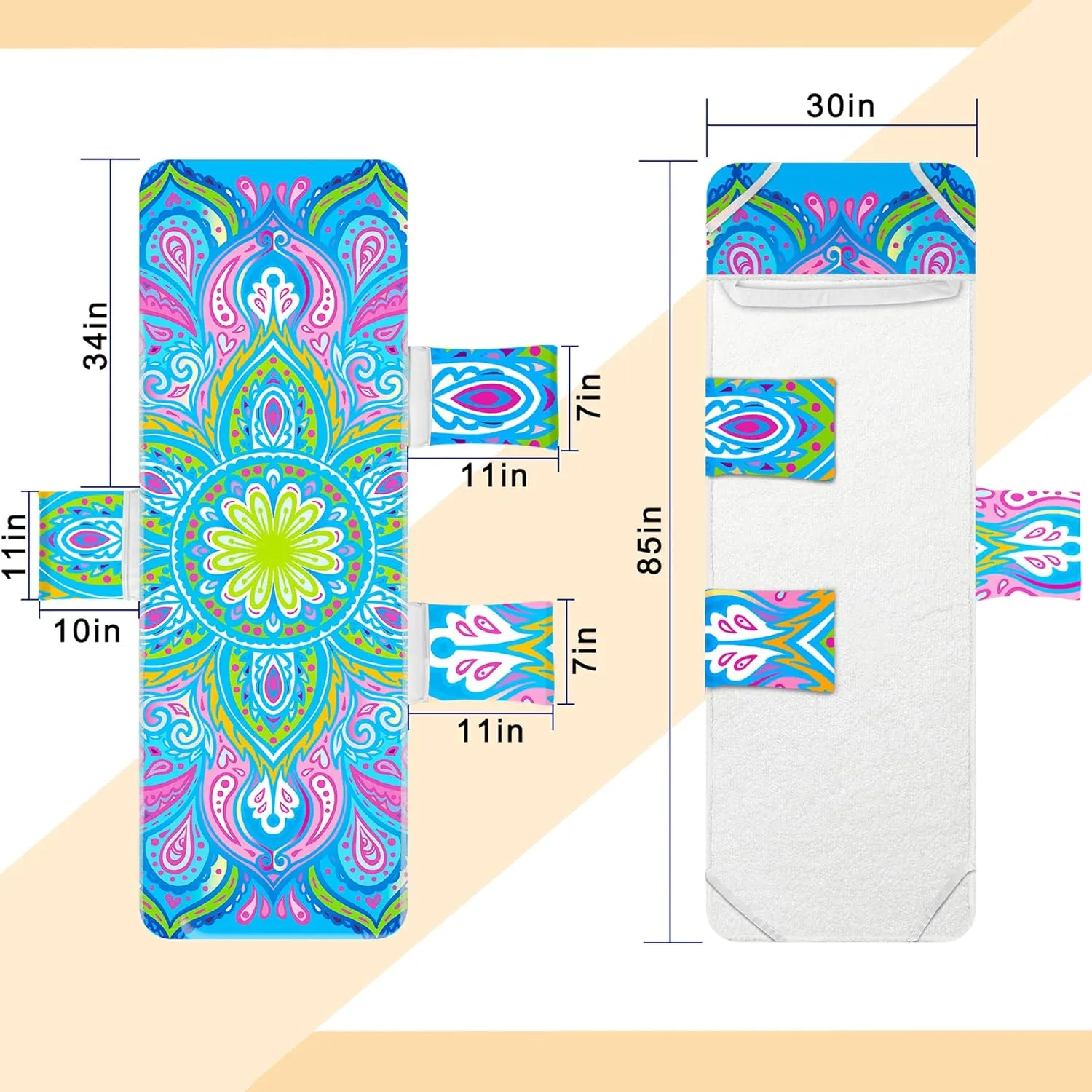 Lounge Chair Towel Cover, Chaise Lounge Cover, Beach Chair Covers with 3 Pockets for Trips Beach Pool Garden Sunbathing Courtyard, 85 x30 in, Mandala Style Green Blue