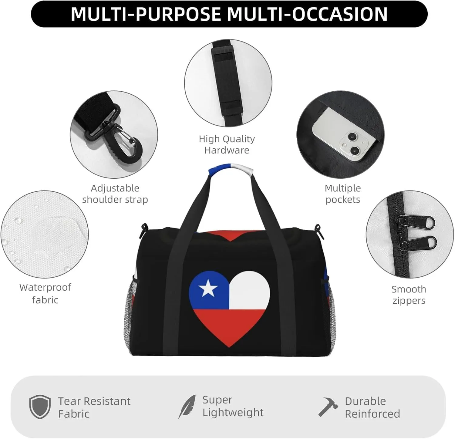 Love Chile Flag Travel Duffel Bag Large Foldable Waterproof Overnight Bag For Beach Swim Bags Pool Sports Gym