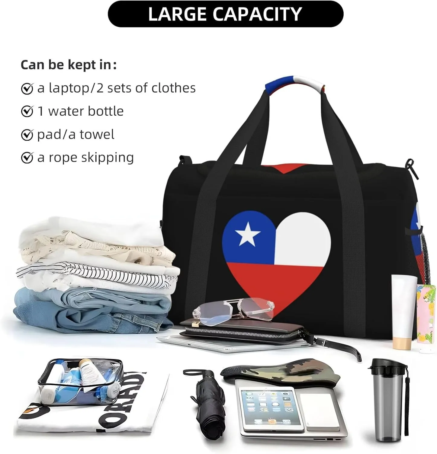 Love Chile Flag Travel Duffel Bag Large Foldable Waterproof Overnight Bag For Beach Swim Bags Pool Sports Gym