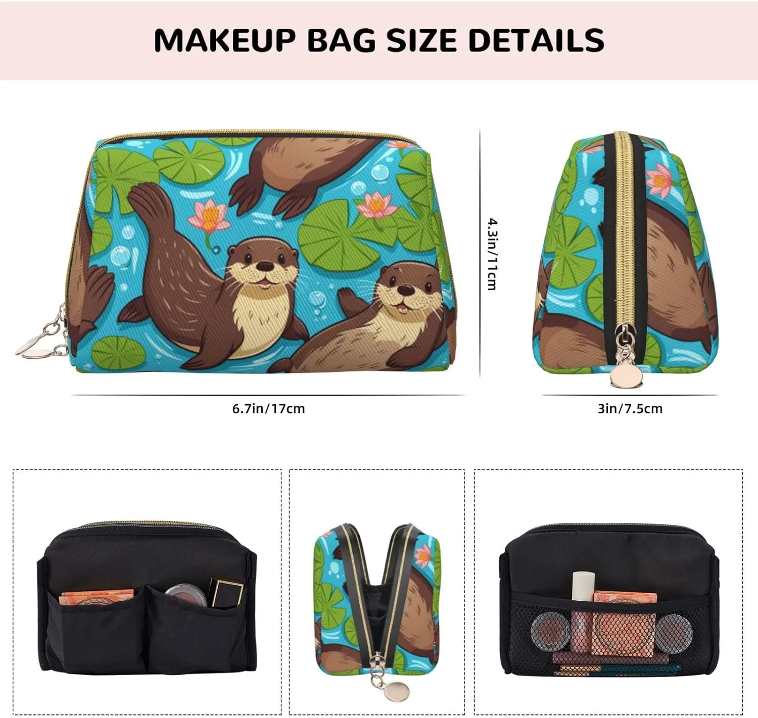 Love Otter Printed Small Makeup Bag,Travel Cosmetic Bag Purse with Zipper,Water-resistant Makeup Organizer Bag for Women