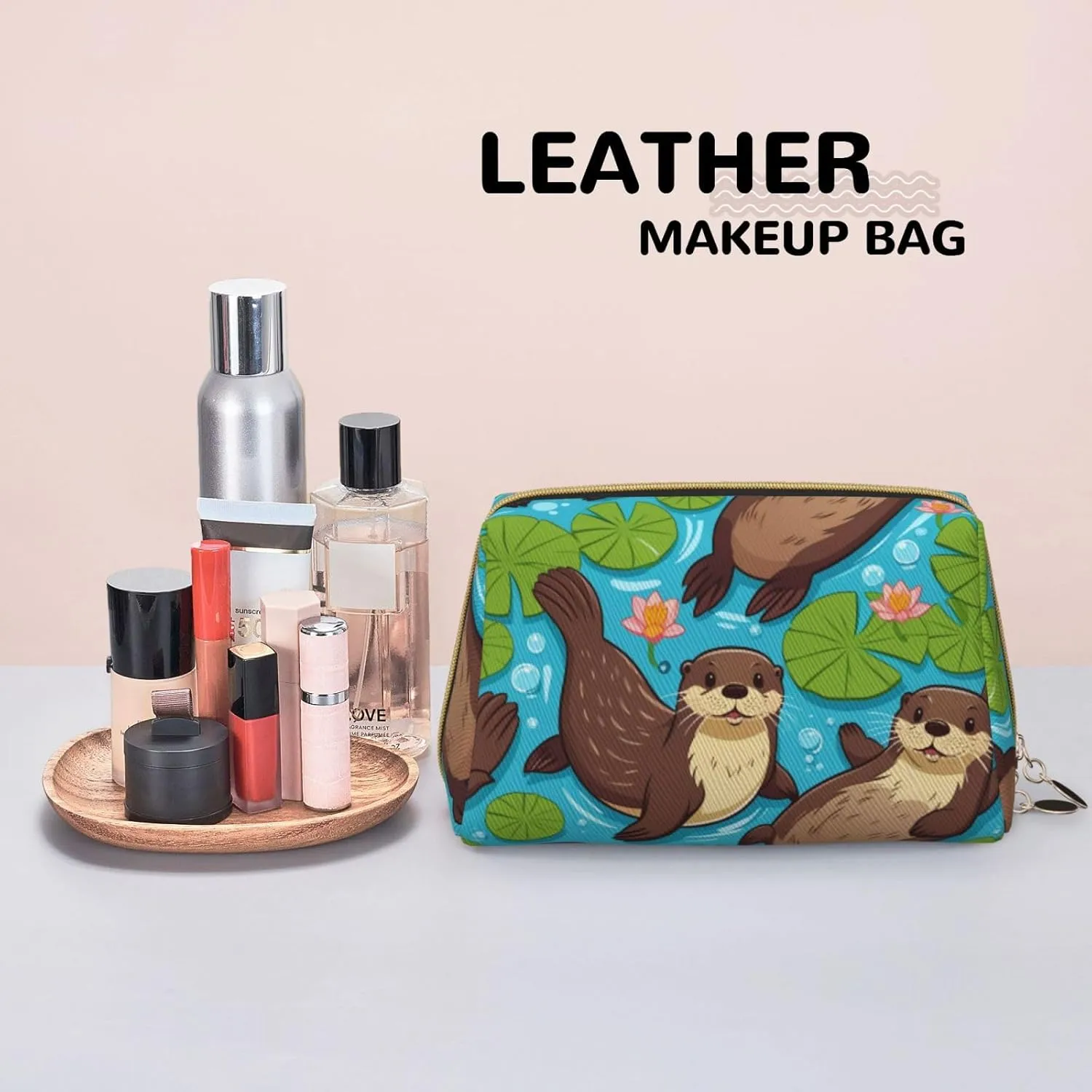 Love Otter Printed Small Makeup Bag,Travel Cosmetic Bag Purse with Zipper,Water-resistant Makeup Organizer Bag for Women