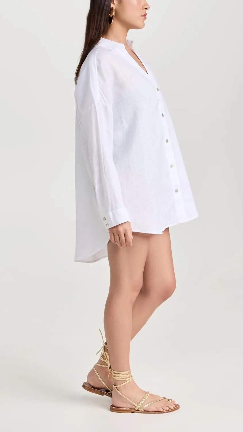 L*Space Rio Tunic for Women, Button Down Collared Shirt, Long Sleeve Top With Buttoned Cuffs, Beach Cover Up, 100% Linen